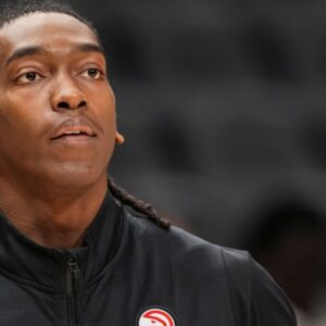 Apr 5, 2025; Atlanta, Georgia, USA; Atlanta Hawks guard Terance Mann (14) shown on the court before the game against New York Knicks at State Farm Arena.