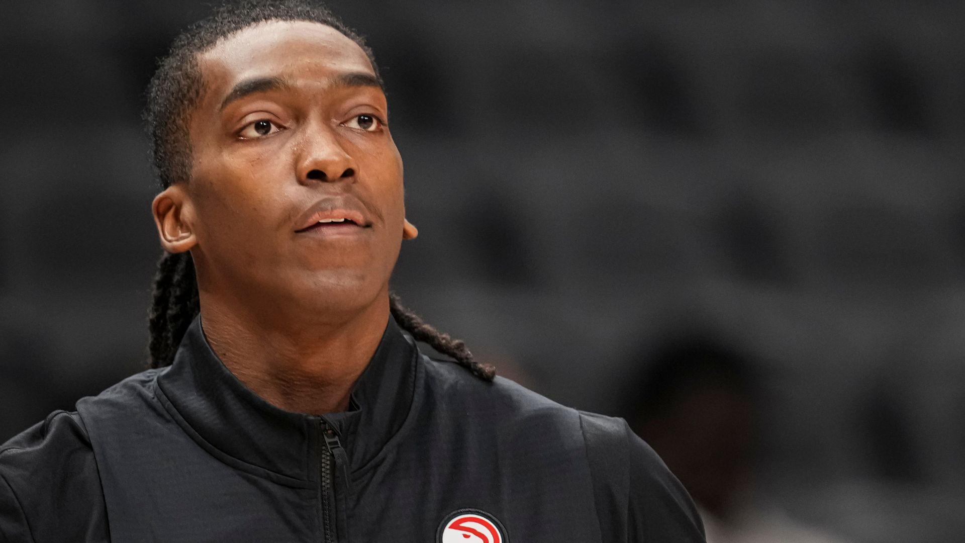 Apr 5, 2025; Atlanta, Georgia, USA; Atlanta Hawks guard Terance Mann (14) shown on the court before the game against New York Knicks at State Farm Arena.