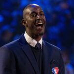 NBA great Kevin Garnett is honored for being selected to the NBA 75th Anniversary Team during halftime in the 2022 NBA All-Star Game at Rocket Mortgage FieldHouse.