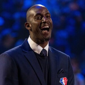 NBA great Kevin Garnett is honored for being selected to the NBA 75th Anniversary Team during halftime in the 2022 NBA All-Star Game at Rocket Mortgage FieldHouse.