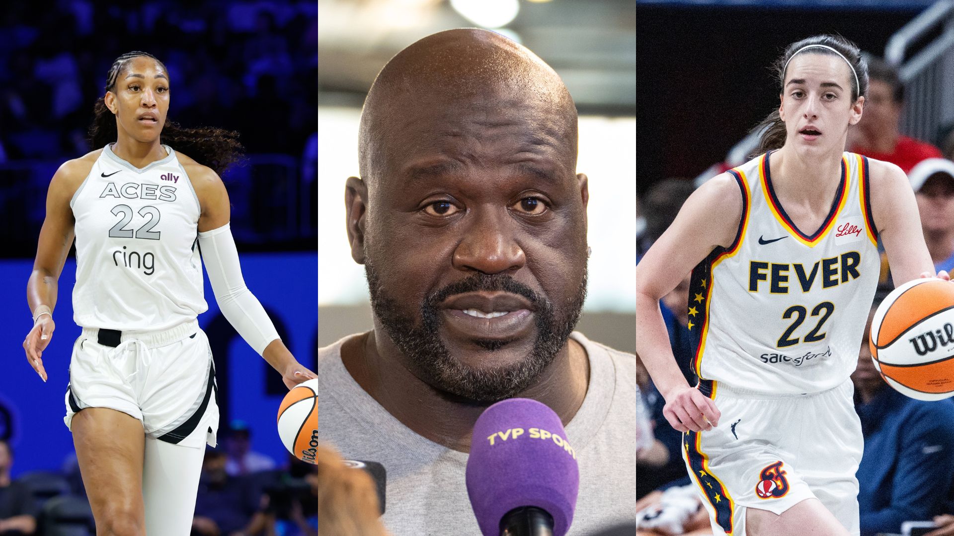 A'ja Wilson (L), Shaquille O'Neal (C), and Caitlin Clark (R)