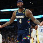 Denver Nuggets center DeMarcus Cousins (4) reacts to a foul in the second quarter against the Golden State Warriors of the first round for the 2022 NBA playoffs at Ball Arena.