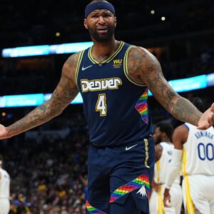 Denver Nuggets center DeMarcus Cousins (4) reacts to a foul in the second quarter against the Golden State Warriors of the first round for the 2022 NBA playoffs at Ball Arena.