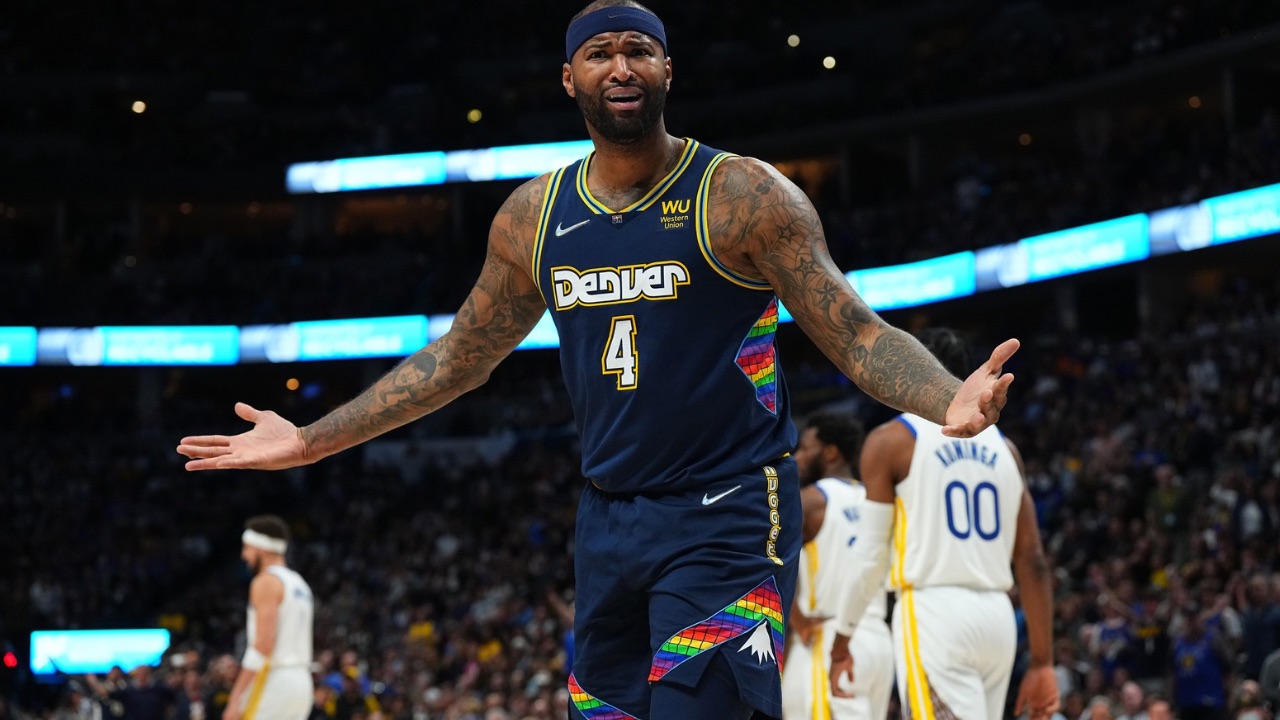 Denver Nuggets center DeMarcus Cousins (4) reacts to a foul in the second quarter against the Golden State Warriors of the first round for the 2022 NBA playoffs at Ball Arena.
