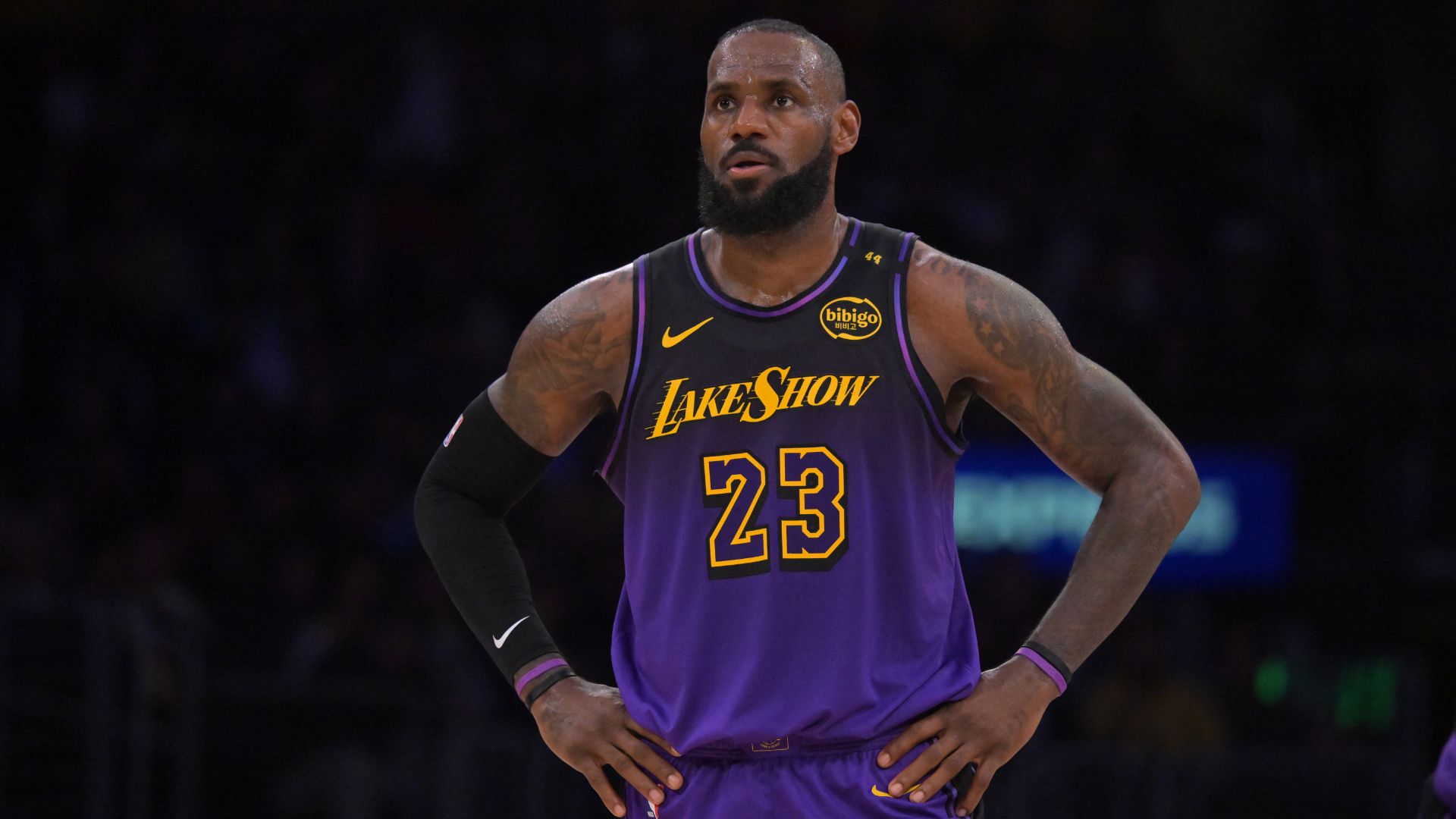 Jan 2, 2025; Los Angeles, California, USA; Los Angeles Lakers forward LeBron James (23) looks on in the second half against the Portland Trail Blazers at Crypto.com Arena