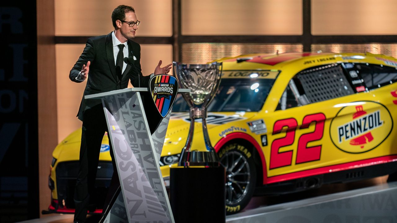 NASCAR Cup Series champion Joey Logano speaks during the NASCAR Awards Show at Music City Center in Nashville, Tenn., Thursday, Dec. 1, 2022.