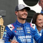 NASCAR Cup Series driver Kyle Larson (5) celebrates his Brickyard 400 win, Sunday, July 21, 2024, at Indianapolis Motor Speedway.