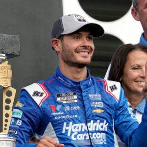 NASCAR Cup Series driver Kyle Larson (5) celebrates his Brickyard 400 win, Sunday, July 21, 2024, at Indianapolis Motor Speedway.