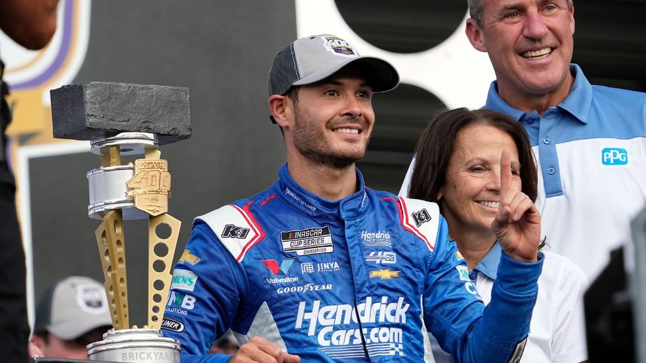 NASCAR Cup Series driver Kyle Larson (5) celebrates his Brickyard 400 win, Sunday, July 21, 2024, at Indianapolis Motor Speedway.