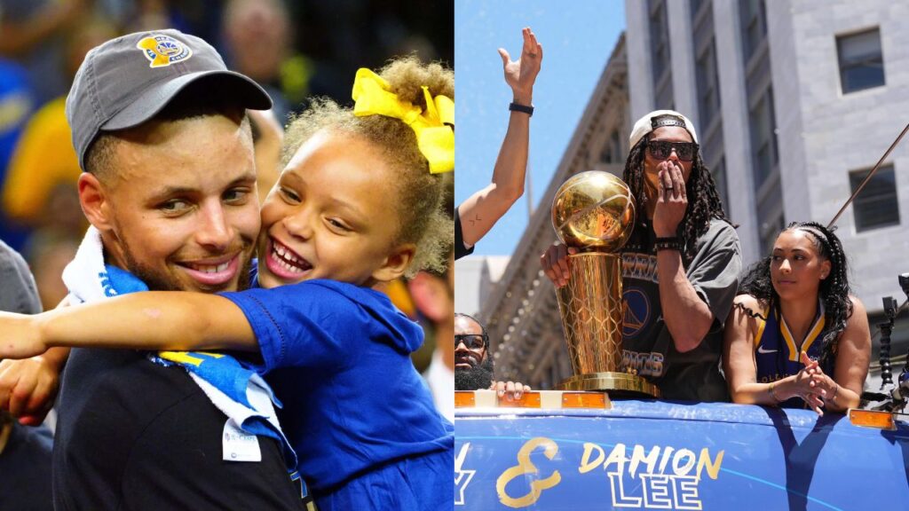 Steph Curry and Riley Curry (L), Damion Lee and Sydel Curry (R)