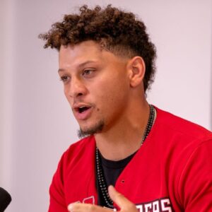 Texas Tech alum and Kansas City Chiefs quarterback Patrick Mahomes attends a press conference at Jones AT&T Stadium, Friday, Aug. 23, 2024.