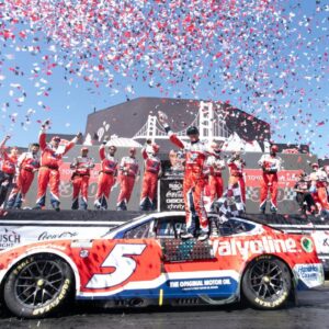 NASCAR Cup Series driver Kyle Larson (5) celebrates with his team after winning the Toyota / Save Mart 350 at Sonoma Raceway.