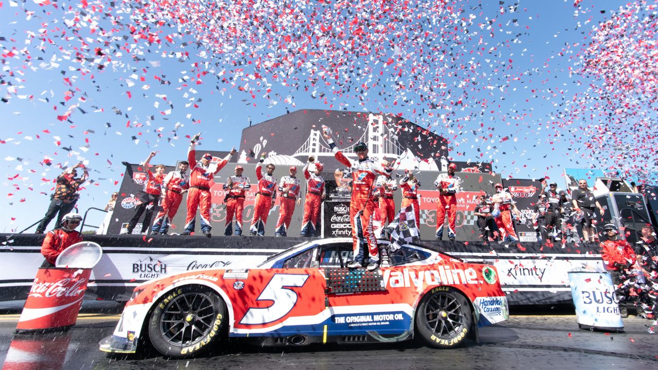 NASCAR Cup Series driver Kyle Larson (5) celebrates with his team after winning the Toyota / Save Mart 350 at Sonoma Raceway.