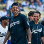 NBA great Matt Barnes during the Mookie Betts Juneteenth Celebrity AllStar Game prior to the start of the Los Angeles Dodgers and the visiting San Diego Padres contest