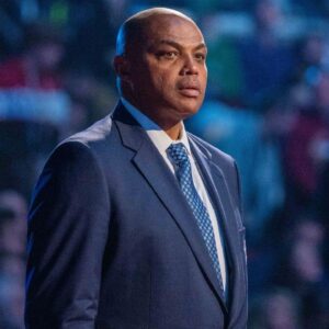 NBA great Charles Barkley is honored for being selected to the NBA 75th Anniversary Team during halftime in the 2022 NBA All-Star Game at Rocket Mortgage FieldHouse
