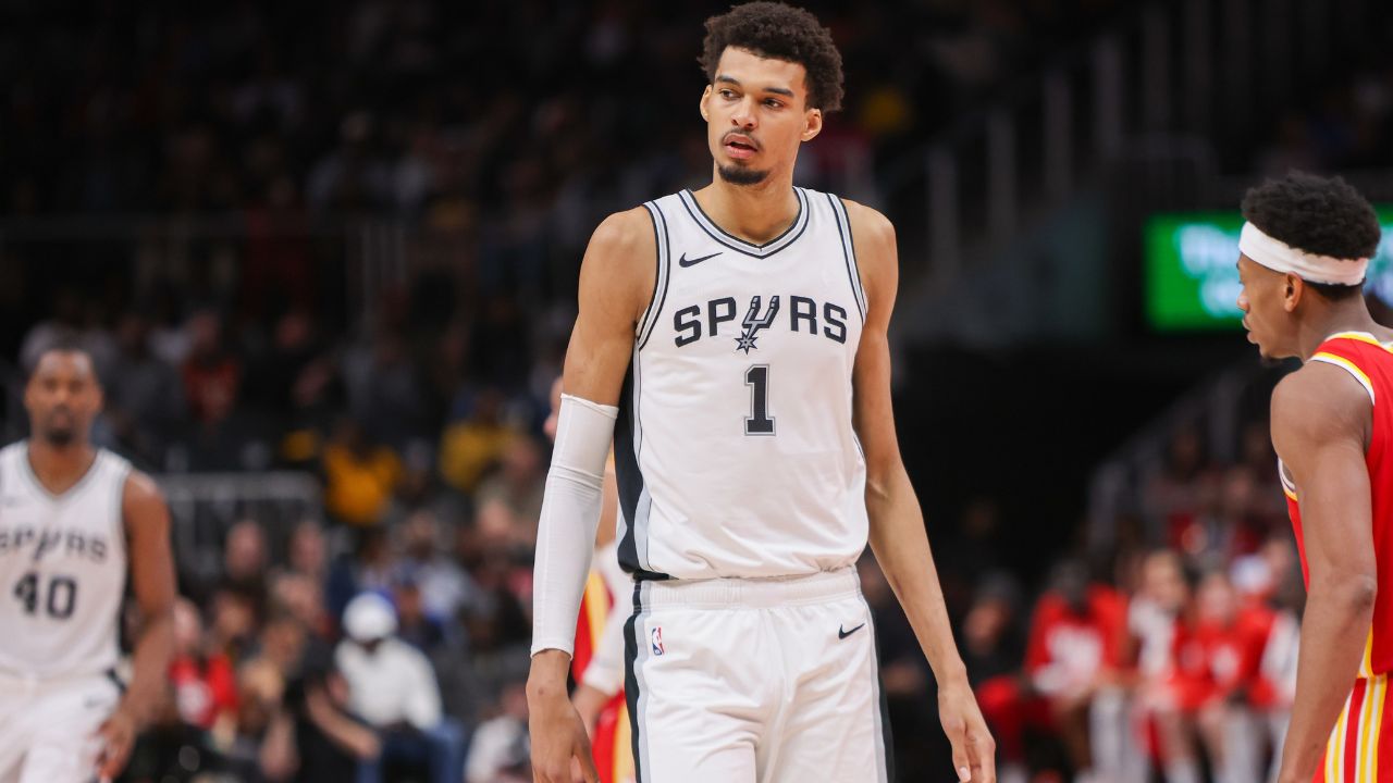 San Antonio Spurs center Victor Wembanyama (1) in action against the Atlanta Hawks in the fourth quarter at State Farm Arena.