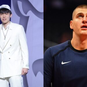 Yang Hansen with Adam Silver (L) and Nikola Jokic (R)