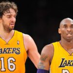 November 27, 2012; Los Angeles, CA, USA; Los Angeles Lakers power forward Pau Gasol (16) and shooting guard Kobe Bryant (24) during a stoppage in play against the Indiana Pacers during the second half at Staples Center.