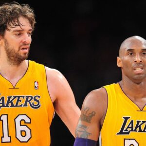 November 27, 2012; Los Angeles, CA, USA; Los Angeles Lakers power forward Pau Gasol (16) and shooting guard Kobe Bryant (24) during a stoppage in play against the Indiana Pacers during the second half at Staples Center.