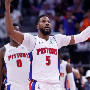Detroit Pistons guard Malik Beasley (5) fires up the crowd in the first half against the New York Knicks during game six of first round for the 2024 NBA Playoffs at Little Caesars Arena