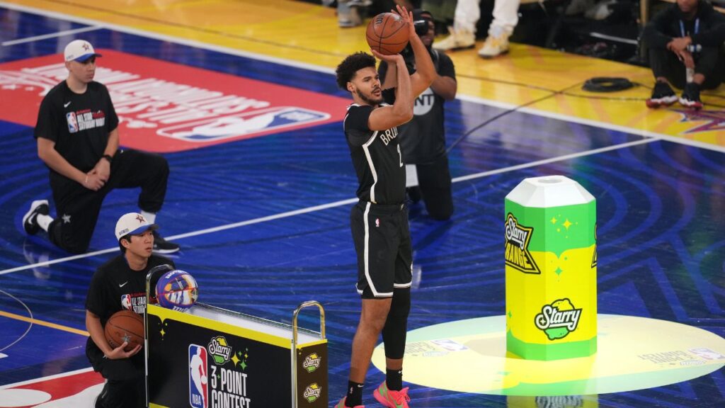Brooklyn Nets forward Cam Johnson (2) competes in the three-point contest during All Star Saturday Night ahead of the 2025 NBA All Star Game at Chase Center