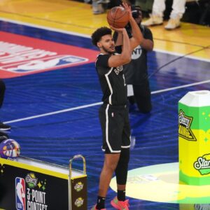 Brooklyn Nets forward Cam Johnson (2) competes in the three-point contest during All Star Saturday Night ahead of the 2025 NBA All Star Game at Chase Center