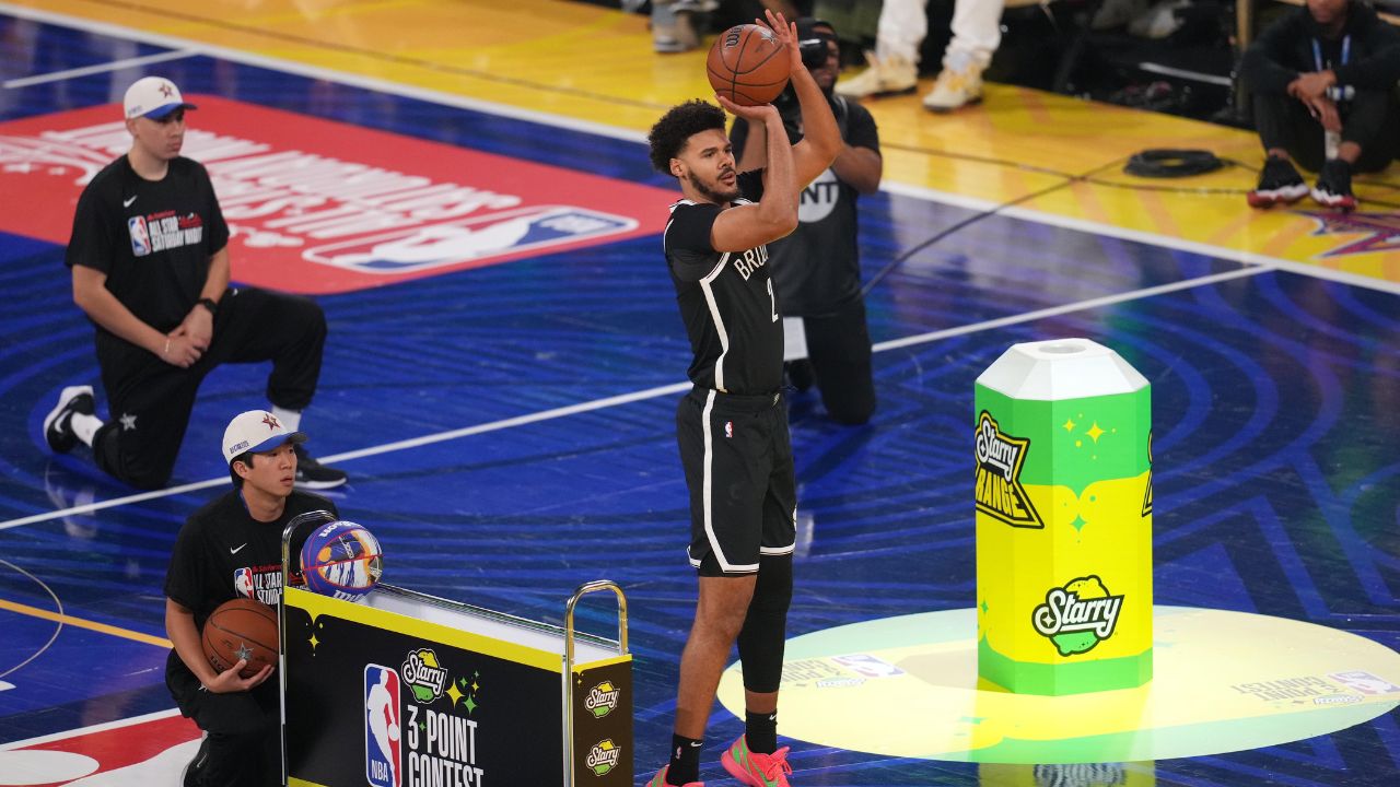 Brooklyn Nets forward Cam Johnson (2) competes in the three-point contest during All Star Saturday Night ahead of the 2025 NBA All Star Game at Chase Center