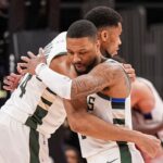 ; Milwaukee Bucks forward Giannis Antetokounmpo (34) and guard Damian Lillard (0) react after defeating the Atlanta Hawks at State Farm Arena