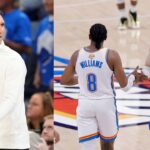 (L) Mark Daigneault (R) Jalen Williams and Alex Caruso