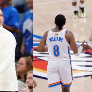 (L) Mark Daigneault (R) Jalen Williams and Alex Caruso