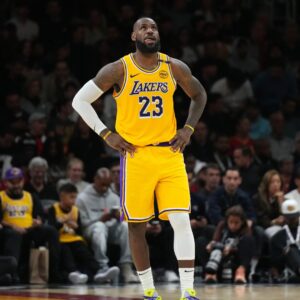 Dec 4, 2024; Miami, Florida, USA; Los Angeles Lakers forward LeBron James (23) looks up at the scoreboard late in a game against the Miami Heat at Kaseya Center.