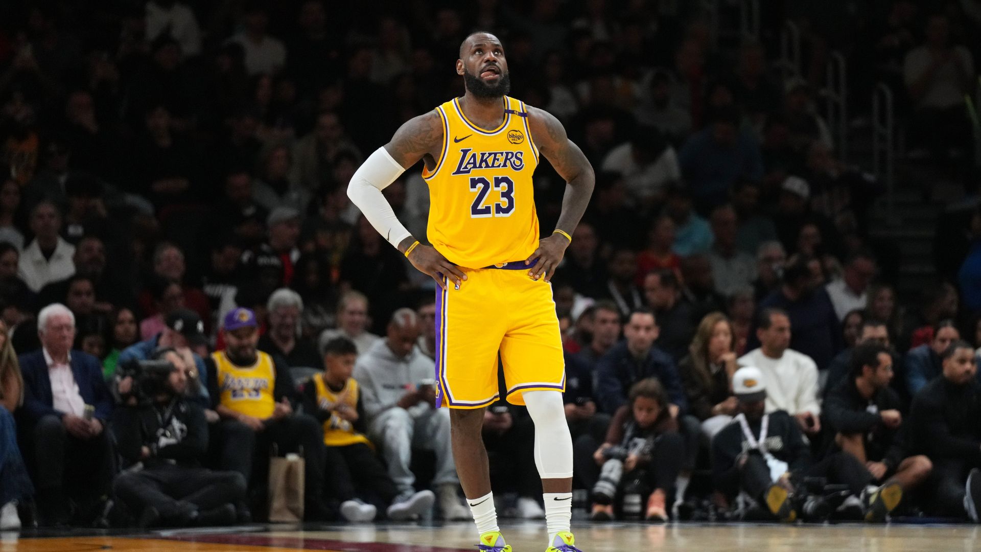 Dec 4, 2024; Miami, Florida, USA; Los Angeles Lakers forward LeBron James (23) looks up at the scoreboard late in a game against the Miami Heat at Kaseya Center.