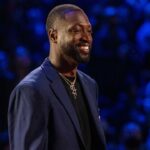 NBA great Dwyane Wade is honored for being selected to the NBA 75th Anniversary Team during halftime in the 2022 NBA All-Star Game at Rocket Mortgage FieldHouse