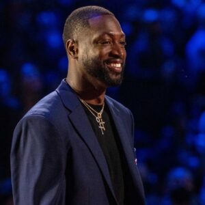 NBA great Dwyane Wade is honored for being selected to the NBA 75th Anniversary Team during halftime in the 2022 NBA All-Star Game at Rocket Mortgage FieldHouse