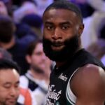 Boston Celtics guard Jaylen Brown (7) hugs New York Knicks center Karl-Anthony Towns (32) after the Knicks defeated the Celtics in game six of the second round of the 2025 NBA Playoffs at Madison Square Garden.
