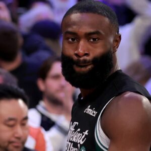 Boston Celtics guard Jaylen Brown (7) hugs New York Knicks center Karl-Anthony Towns (32) after the Knicks defeated the Celtics in game six of the second round of the 2025 NBA Playoffs at Madison Square Garden.