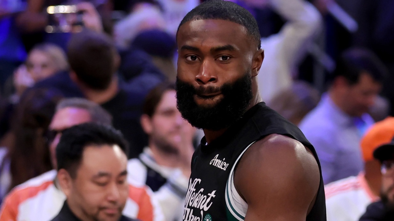 Boston Celtics guard Jaylen Brown (7) hugs New York Knicks center Karl-Anthony Towns (32) after the Knicks defeated the Celtics in game six of the second round of the 2025 NBA Playoffs at Madison Square Garden.