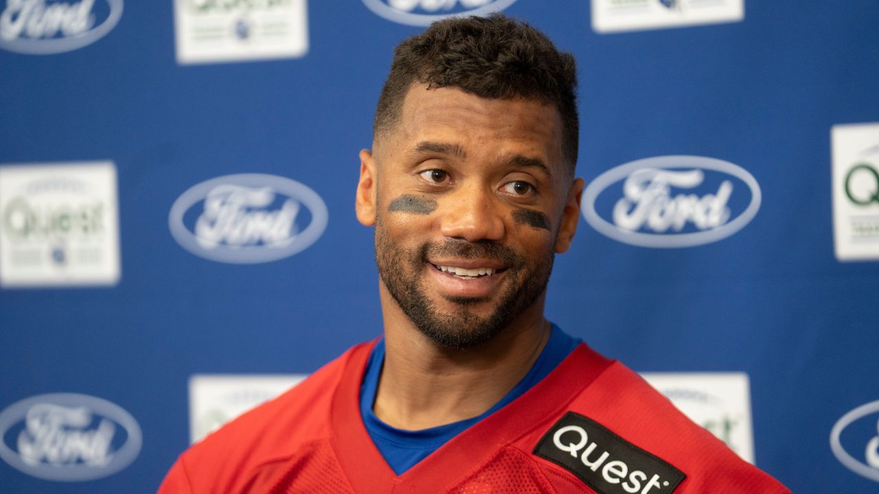 New York Giants quarterback Russell Wilson (3) speaks during a press conference during day one of the New York Giants training camp at Quest Diagnostics Giants Training Center in East Rutherford on Wednesday, July 23, 2025