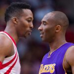 Apr 10, 2016; Houston, TX, USA; Houston Rockets center Dwight Howard (12) and Los Angeles Lakers forward Kobe Bryant (24) meet at center court before the game at the Toyota Center.
