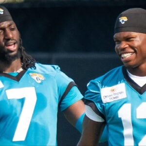 Jacksonville Jaguars wide receiver Brian Thomas Jr. (7) and Jacksonville Jaguars wide receiver Travis Hunter (12) have a laugh while running drills during the seventh organized team activity at the Miller Electric Center in Jacksonville, Fla. Monday, June 2, 2025. [Doug Engle/Florida Times-Union]