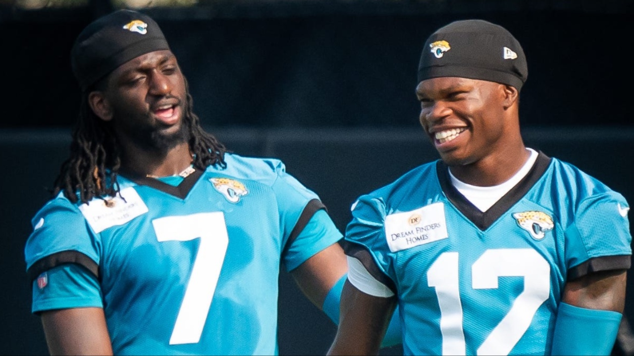 Jacksonville Jaguars wide receiver Brian Thomas Jr. (7) and Jacksonville Jaguars wide receiver Travis Hunter (12) have a laugh while running drills during the seventh organized team activity at the Miller Electric Center in Jacksonville, Fla. Monday, June 2, 2025. [Doug Engle/Florida Times-Union]