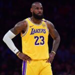 Apr 30, 2025; Los Angeles, California, USA; Los Angeles Lakers forward LeBron James (23) reacts during the first half in game five of first round for the 2025 NBA Playoffs at Crypto.com Arena.
