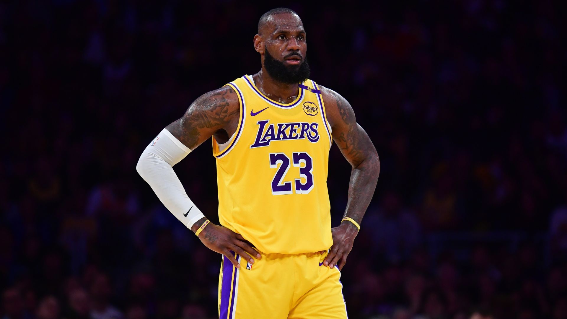 Apr 30, 2025; Los Angeles, California, USA; Los Angeles Lakers forward LeBron James (23) reacts during the first half in game five of first round for the 2025 NBA Playoffs at Crypto.com Arena.