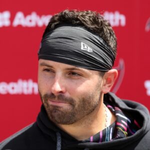 Tampa Bay Buccaneers quarterback Baker Mayfield (6) gives a press conference after mini camp at AdventHealth Training Center.