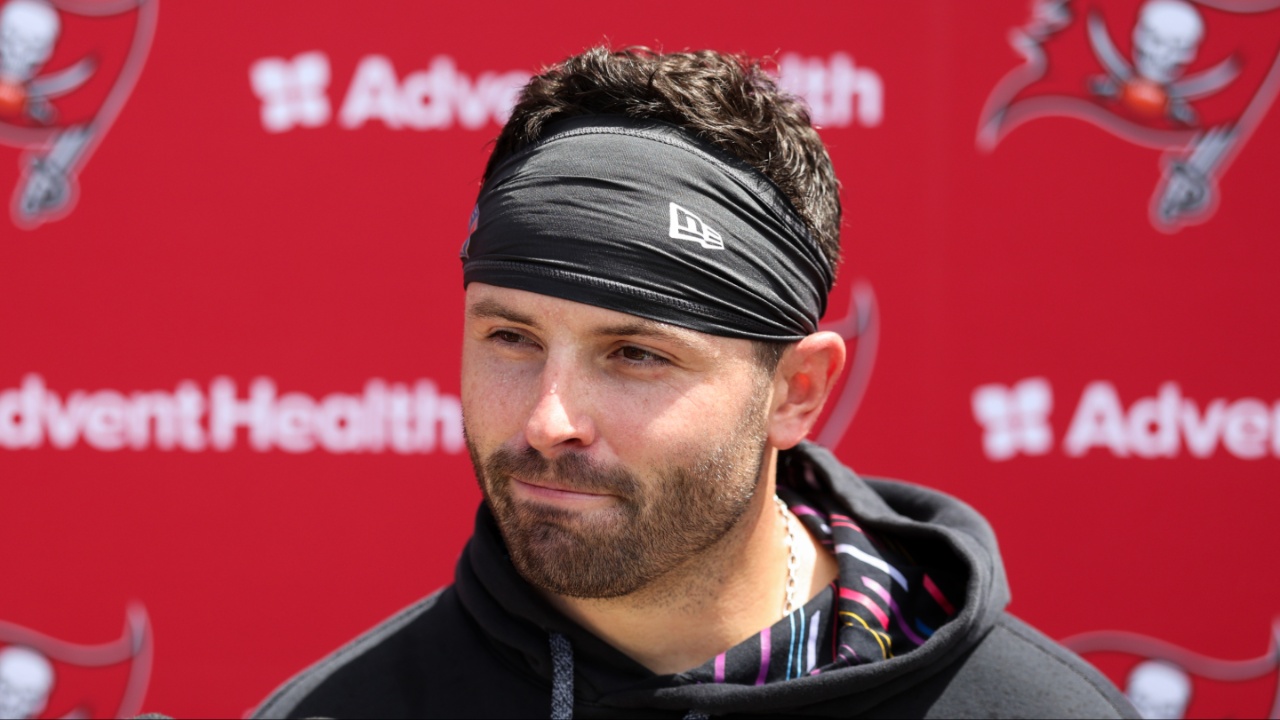 Tampa Bay Buccaneers quarterback Baker Mayfield (6) gives a press conference after mini camp at AdventHealth Training Center.