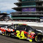 NASCAR Sprint Cup Series driver Jeff Gordon (24) wins the Crown Royal Brickyard 400 at Indianapolis Motor Speedway.