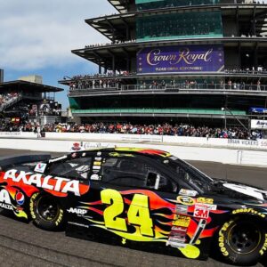NASCAR Sprint Cup Series driver Jeff Gordon (24) wins the Crown Royal Brickyard 400 at Indianapolis Motor Speedway.