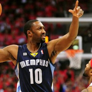 Memphis Grizzlies point guard Gilbert Arenas (10) controls the ball against the defense of Los Angeles Clippers point guard Mo Williams (25) during the first half of game four of the Western Conference quarterfinals of the 2012 NBA Playoffs at Staples Center.