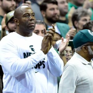 Michigan State Spartans former player Magic Johnson during the second half against the Virginia Cavaliers in the third round of the 2015 NCAA Tournament at Time Warner Cable Arena. Michigan State won 60-54.