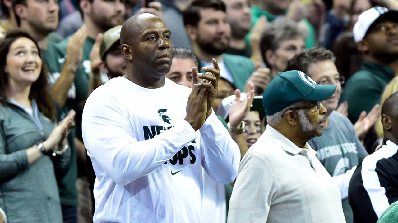 Michigan State Spartans former player Magic Johnson during the second half against the Virginia Cavaliers in the third round of the 2015 NCAA Tournament at Time Warner Cable Arena. Michigan State won 60-54.